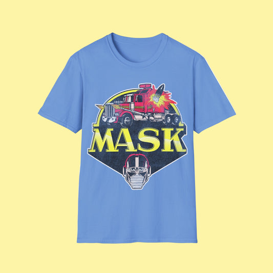 Blue t-shirt with 'MASK' graphic design featuring a truck and helmet on a white background