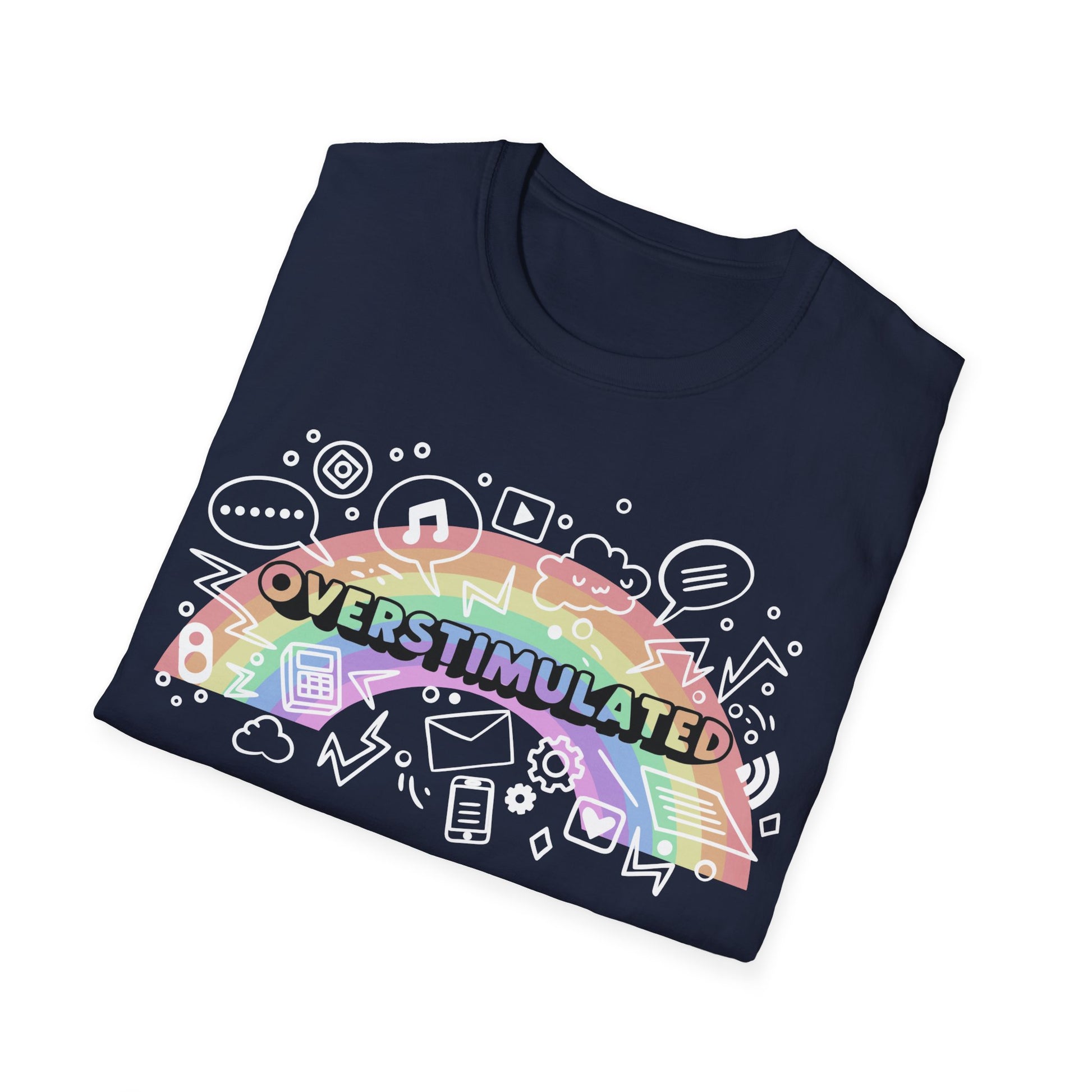 Folded navy blue t-shirt with colorful 'OVERSTIMULATED' design on a white background