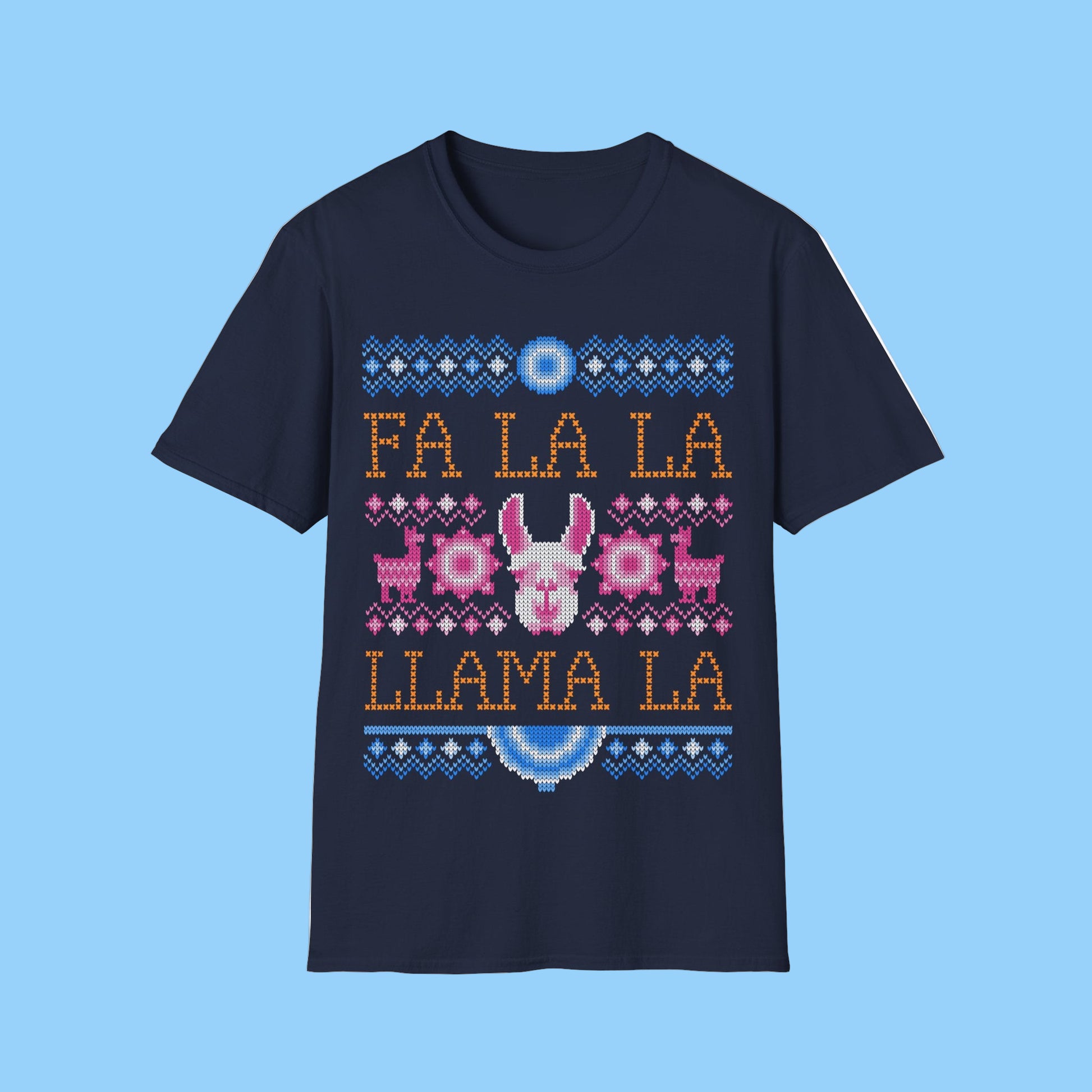 Festive Navy blue t-shirt with 'Fa La La Llama La' design on a white background