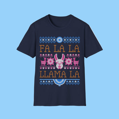 Festive Navy blue t-shirt with 'Fa La La Llama La' design on a white background
