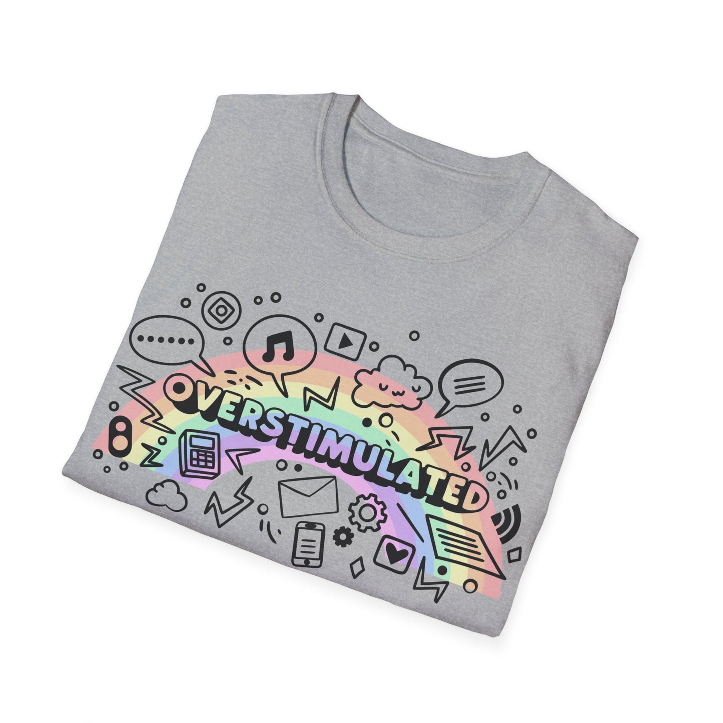 Gray t-shirt with colorful 'OVERSTIMULATED' design on a white background