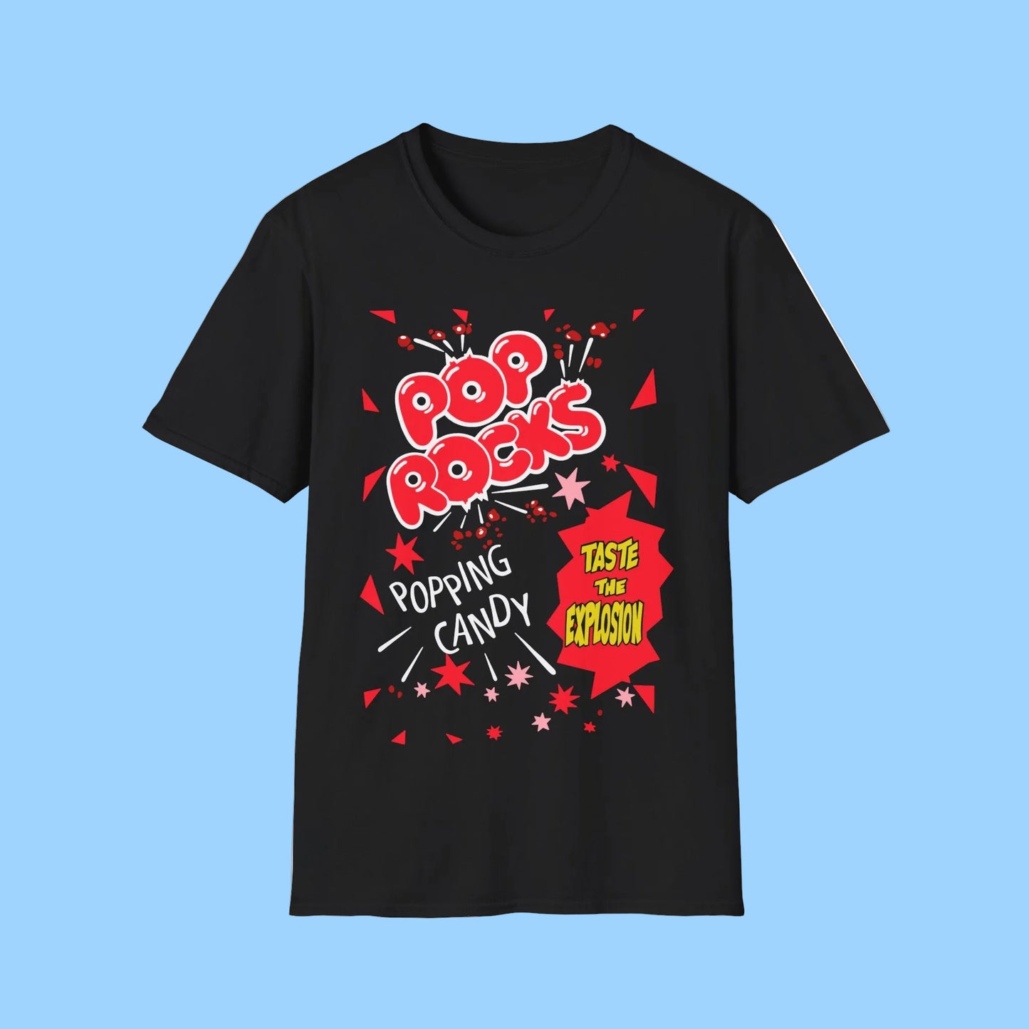 Retro 80s Pop Rocks short sleeve black t-shirt with Popping candy design