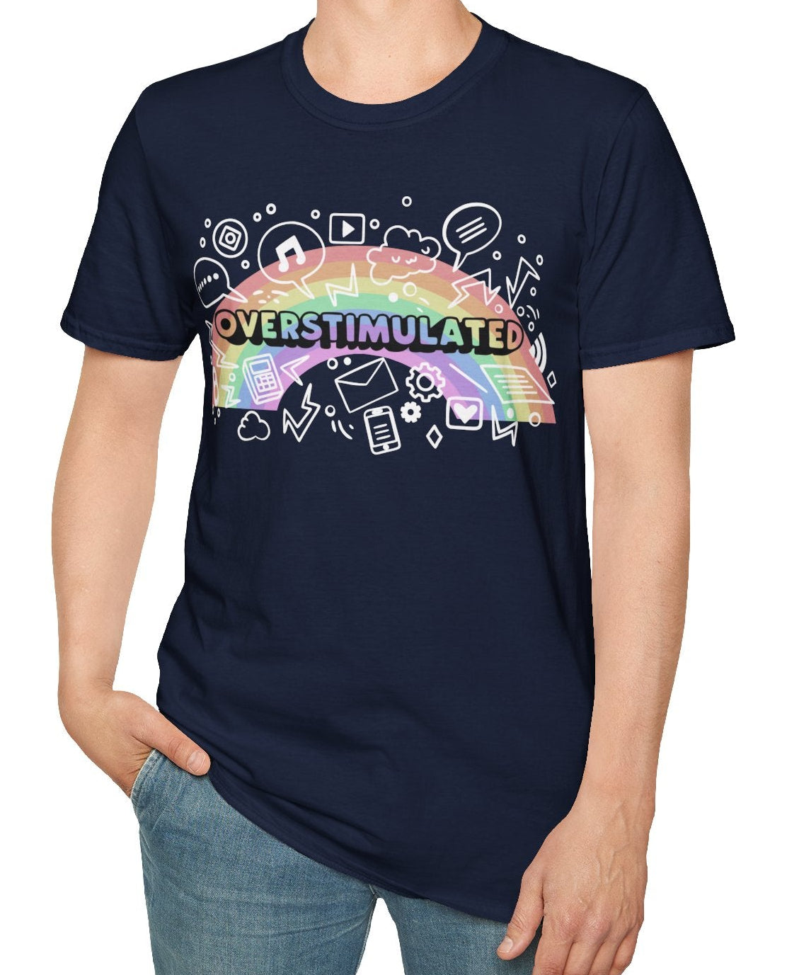 Person wearing a navy blue t-shirt with colorful graphics and text on a white background