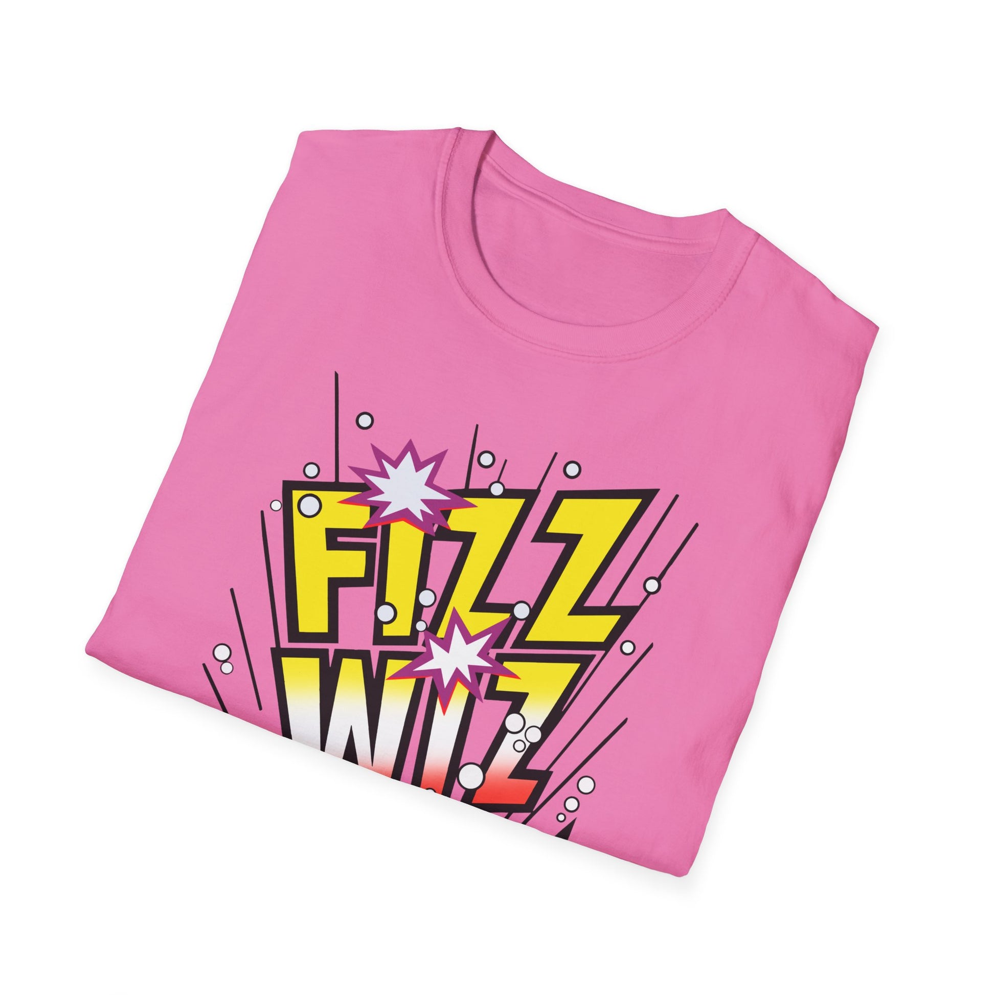 Folded pink t-shirt with 'Fizz Wiz' graphic design on a white background