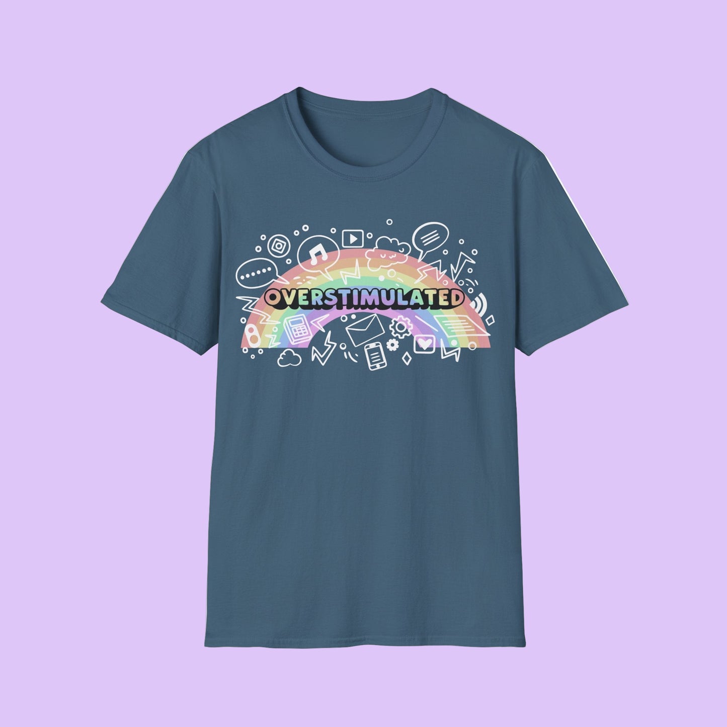 Blue t-shirt with a colorful rainbow and 'OVERSTIMULATED' text on a white background