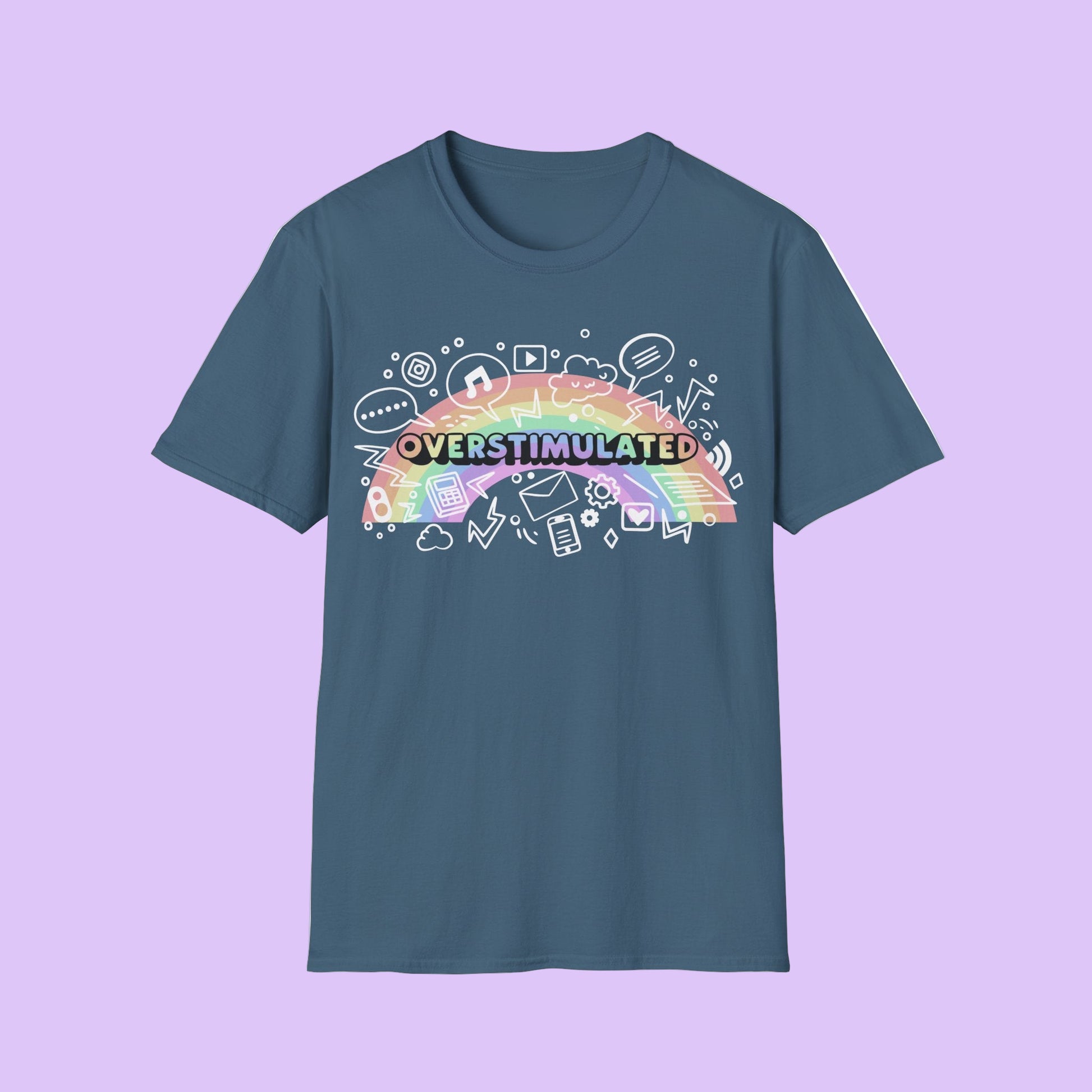 Blue t-shirt with a colorful rainbow and 'OVERSTIMULATED' text on a white background