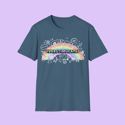Blue t-shirt with a colorful rainbow and 'OVERSTIMULATED' text on a white background