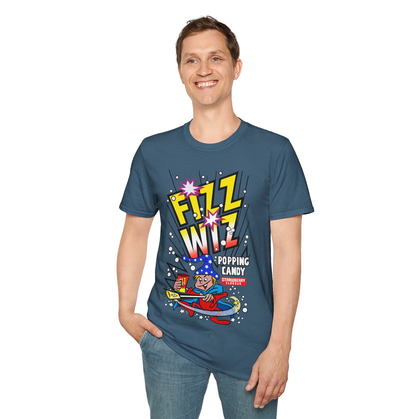Person wearing a indigo t-shirt with Fizz Wiz Popping candy colourful graphic design on a white background