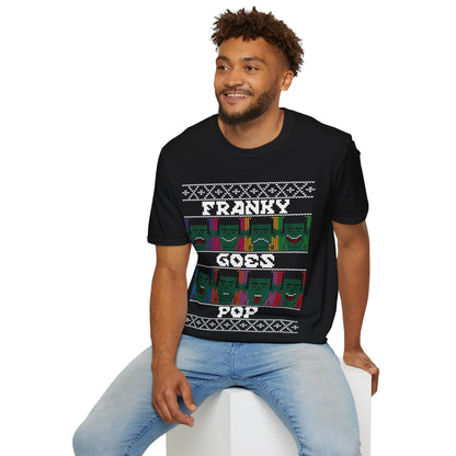 Man wearing a black t-shirt with colourful graphics and Franky Goes Pop text on a white background