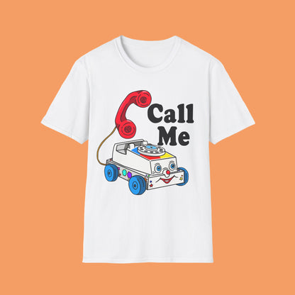 White t-shirt with a colorful phone graphic and 'Call Me' text on a white background