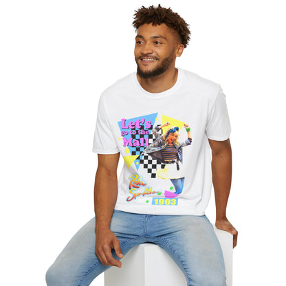 Man wearing a white t-shirt with colourful 90s Robin Sparkles graphics and Lets got to the Mall text, sitting on a white stool against a white background.