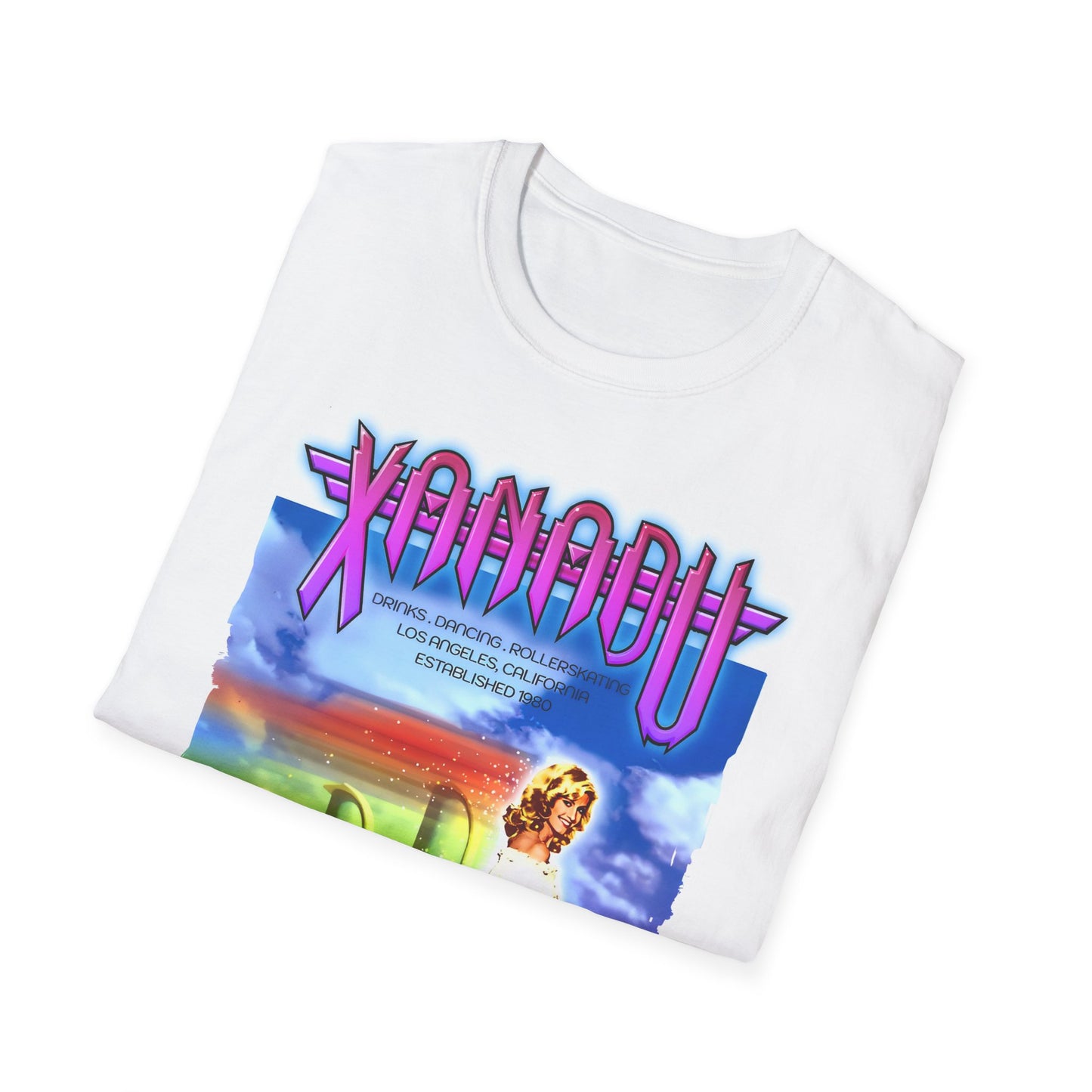White t-shirt with colorful graphic design and 'Xanadu' text on a white background