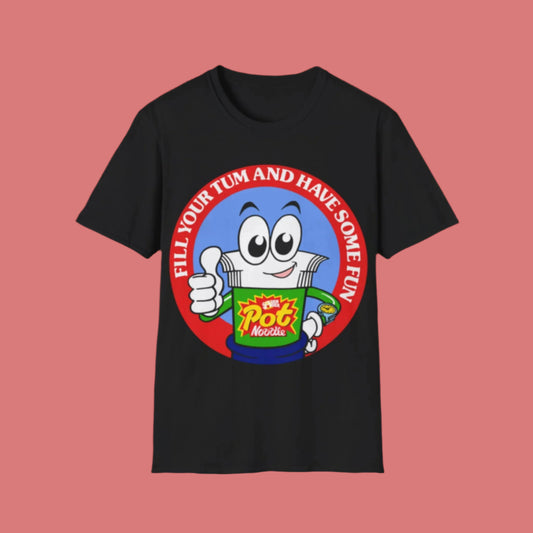 Black t-shirt with a colourful graphic and 'Fill Your Tum And Have Some Fun' text on a rose background