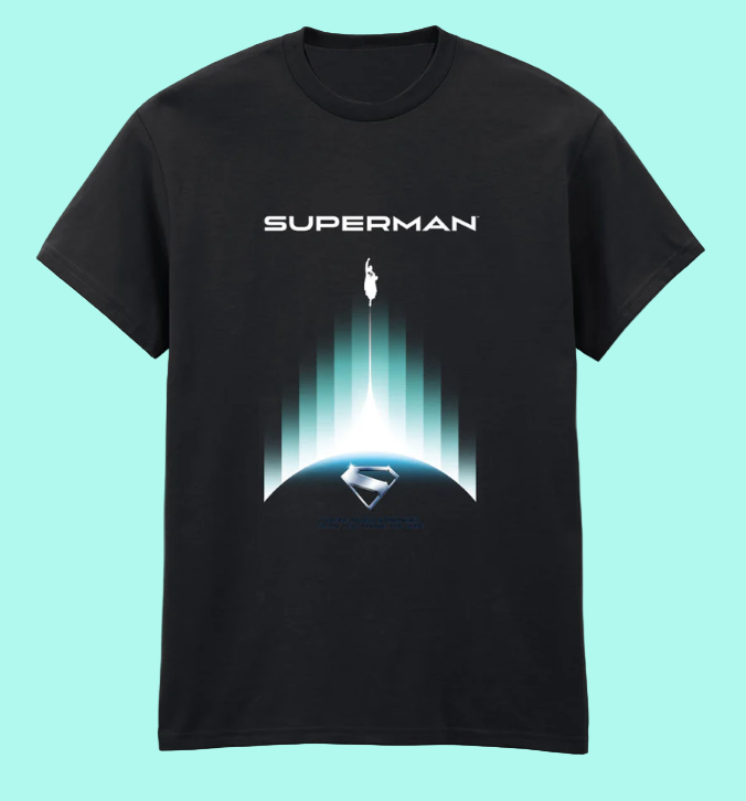 Black t-shirt with Superman graphic design on a white background