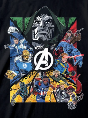 A black short-sleeve t-shirt with a large, colorful graphic print on the front featuring Marvel and Avengers characters, including a central white Avengers 'A' logo.