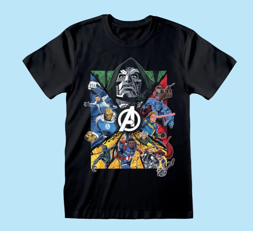A black short-sleeve t-shirt with a large, colorful graphic print on the front featuring Marvel and Avengers characters, including the Avengers logo in the center, set against a plain white background.