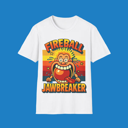 White t-shirt with colorful graphic design featuring a character and 'Fireball Jawbreaker' text on a white background.