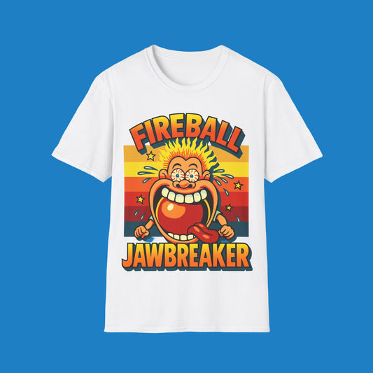 White t-shirt with colorful graphic design featuring a character and 'Fireball Jawbreaker' text on a white background.