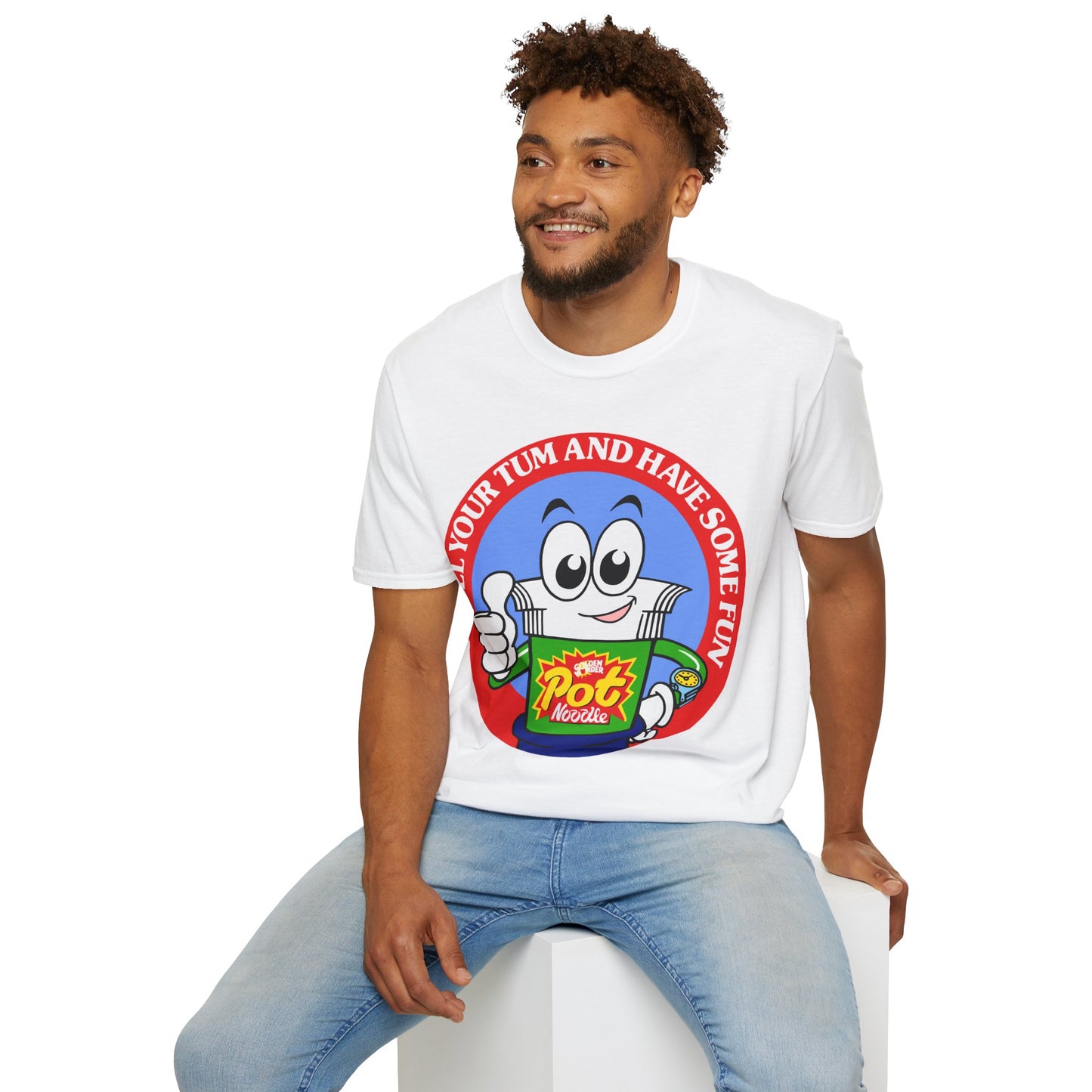 Man wearing a white  t-shirt with a colourful graphic and Fill you're tum and have some fun text on a white background