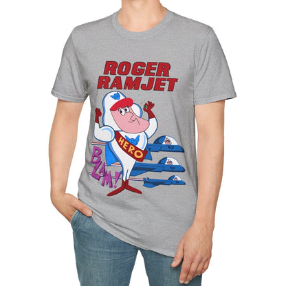 Person wearing a gray t-shirt with 'Roger Ramjet' graphic design on a white background