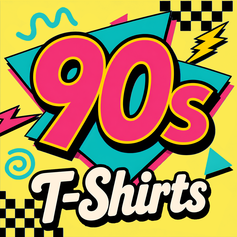 A colorful retro graphic reading '90s T-Shirts' in bold pink, teal, black, yellow, and white shapes on a bright yellow background.