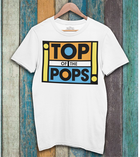 white short sleeve t-shirt with 90s top of the pops logo