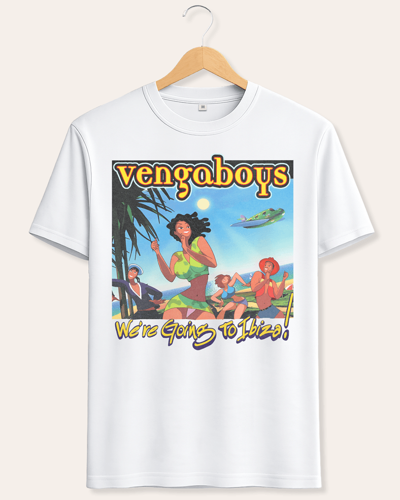 A white short-sleeve crewneck t-shirt hanging on a wooden hanger against a light beige background. The shirt features a colorful retro graphic print with the text 'Vengaboys' at the top and 'We're Going To Ibiza!' at the bottom, depicting a woman in a green bikini on a beach with palm trees and a plane flying over