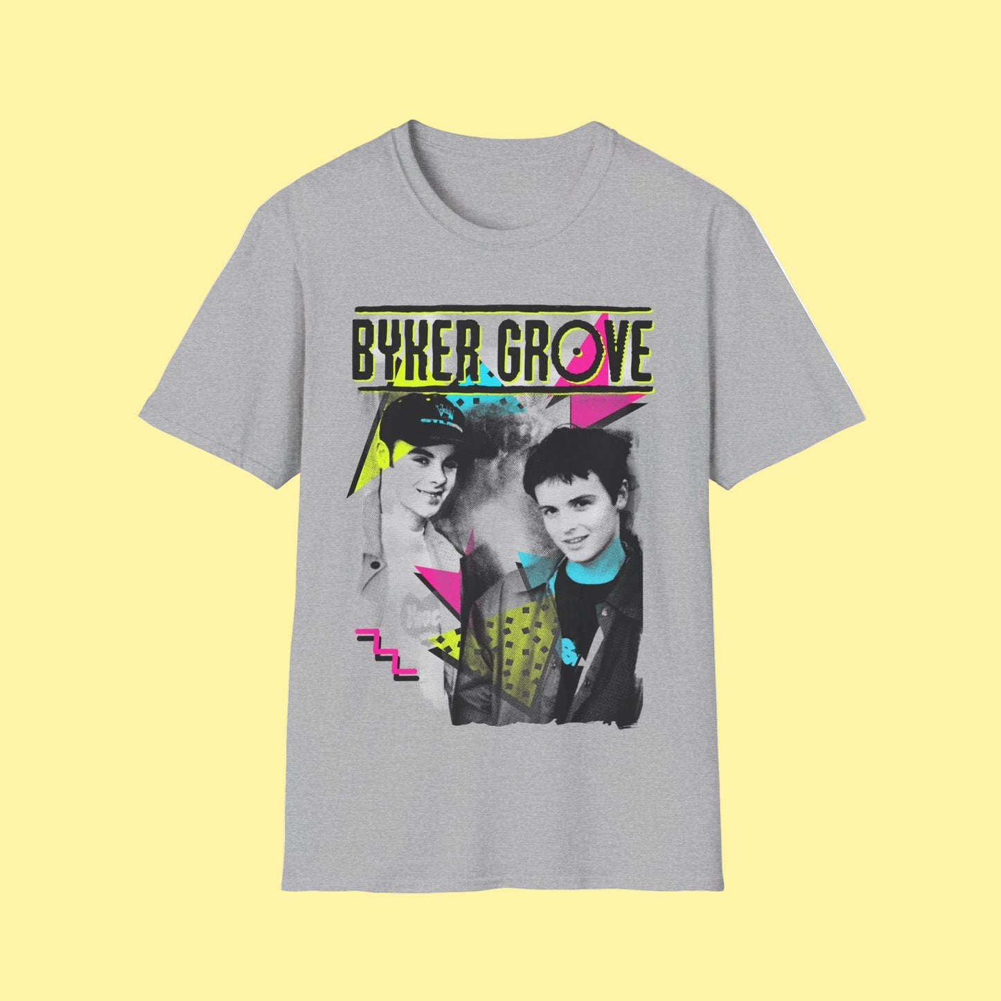 Grey short Sleeve t-shirt with 'Byker Grove' graphic design featuring PJ & Duncan  
