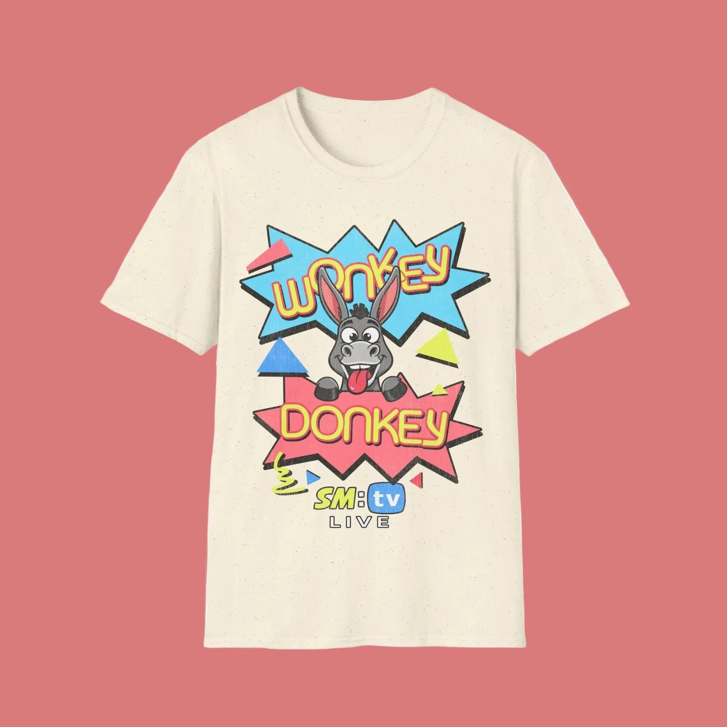 Beige short Sleeve  t-shirt with colourful 'Wonkey Donkey' SM TV Live graphic design