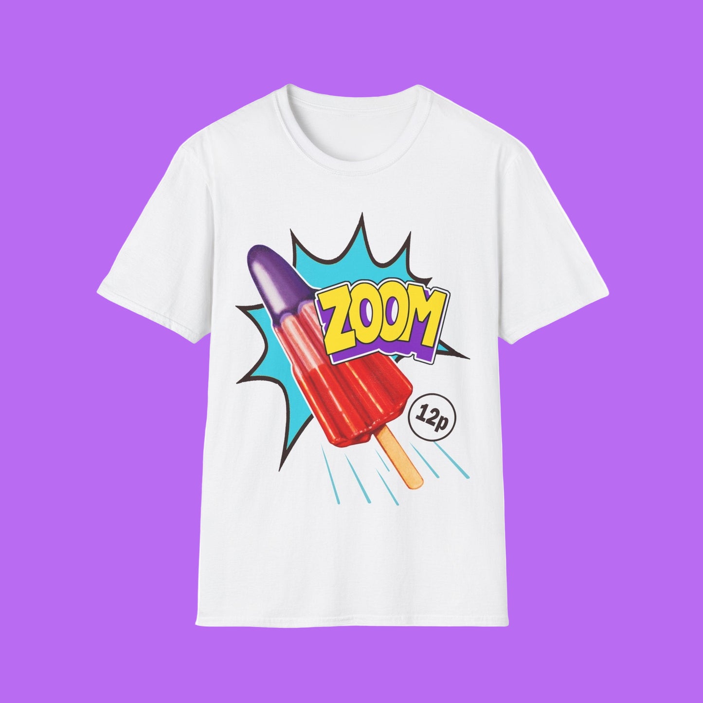 White t-shirt with a colorful popsicle graphic and 'ZOOM' text on a white background