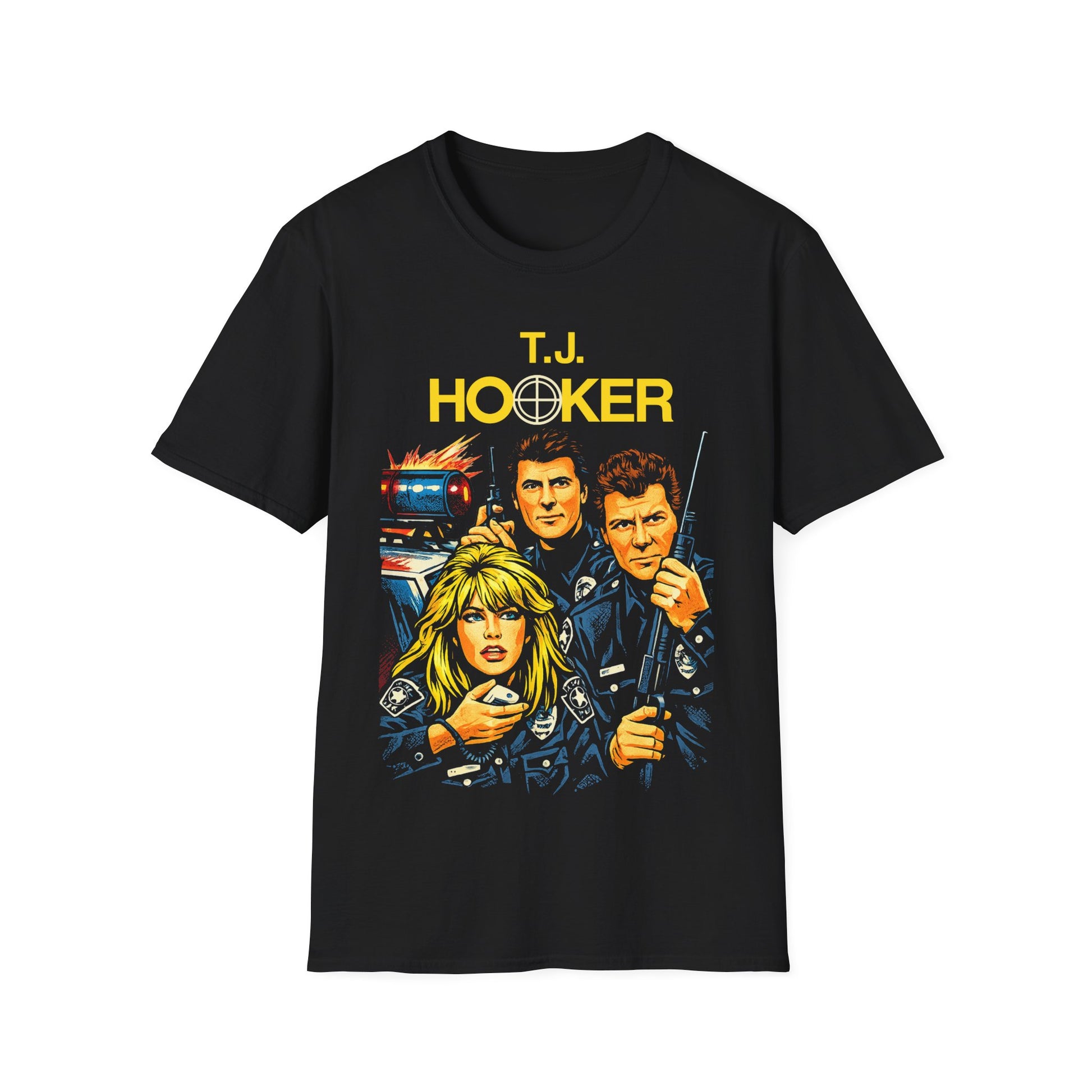 Black short sleeve t-shirt with 'T.J. Hooker' graphic design featuring 80s TV show characters.