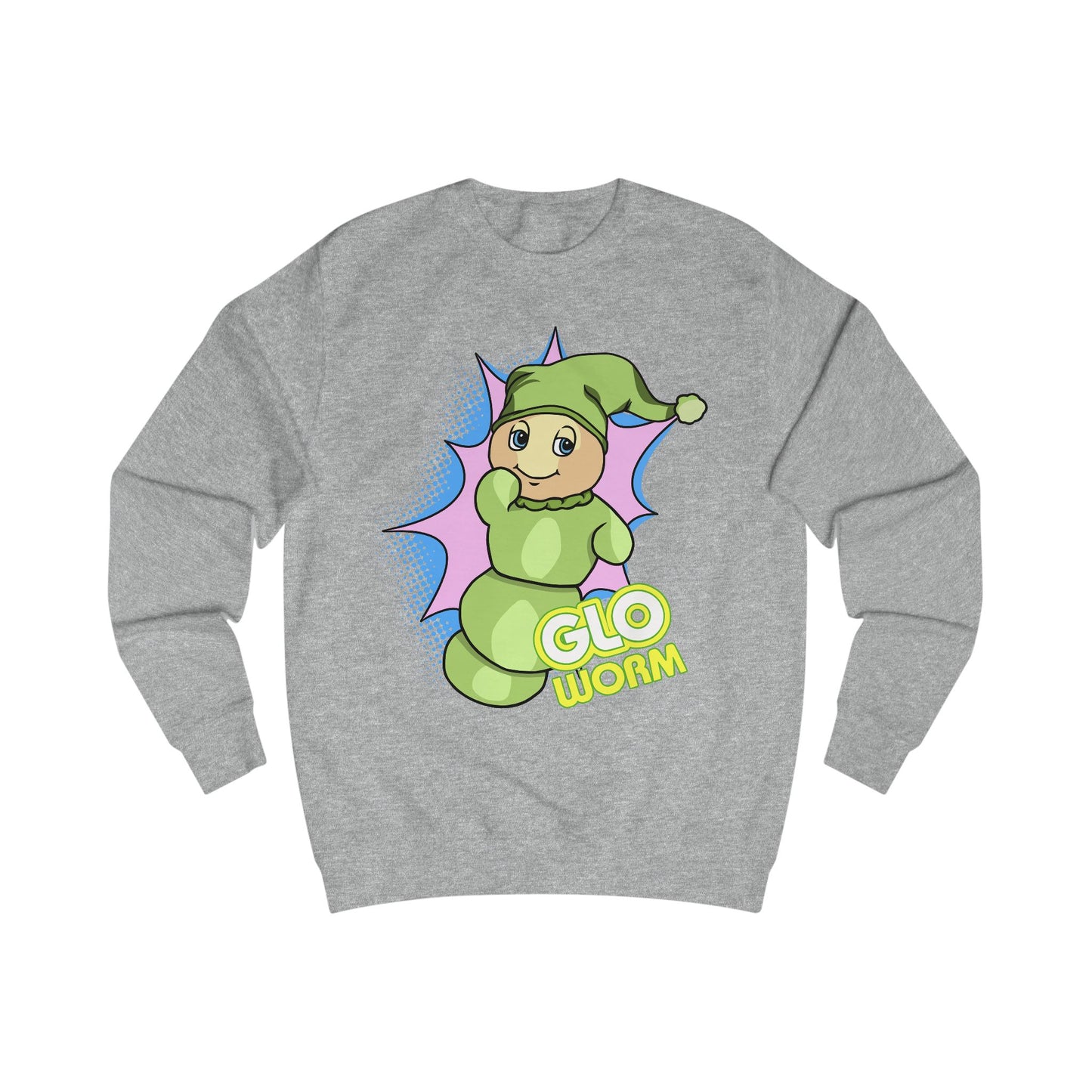 Gray sweatshirt with a cartoon green 'Glo Worm' character on a white background