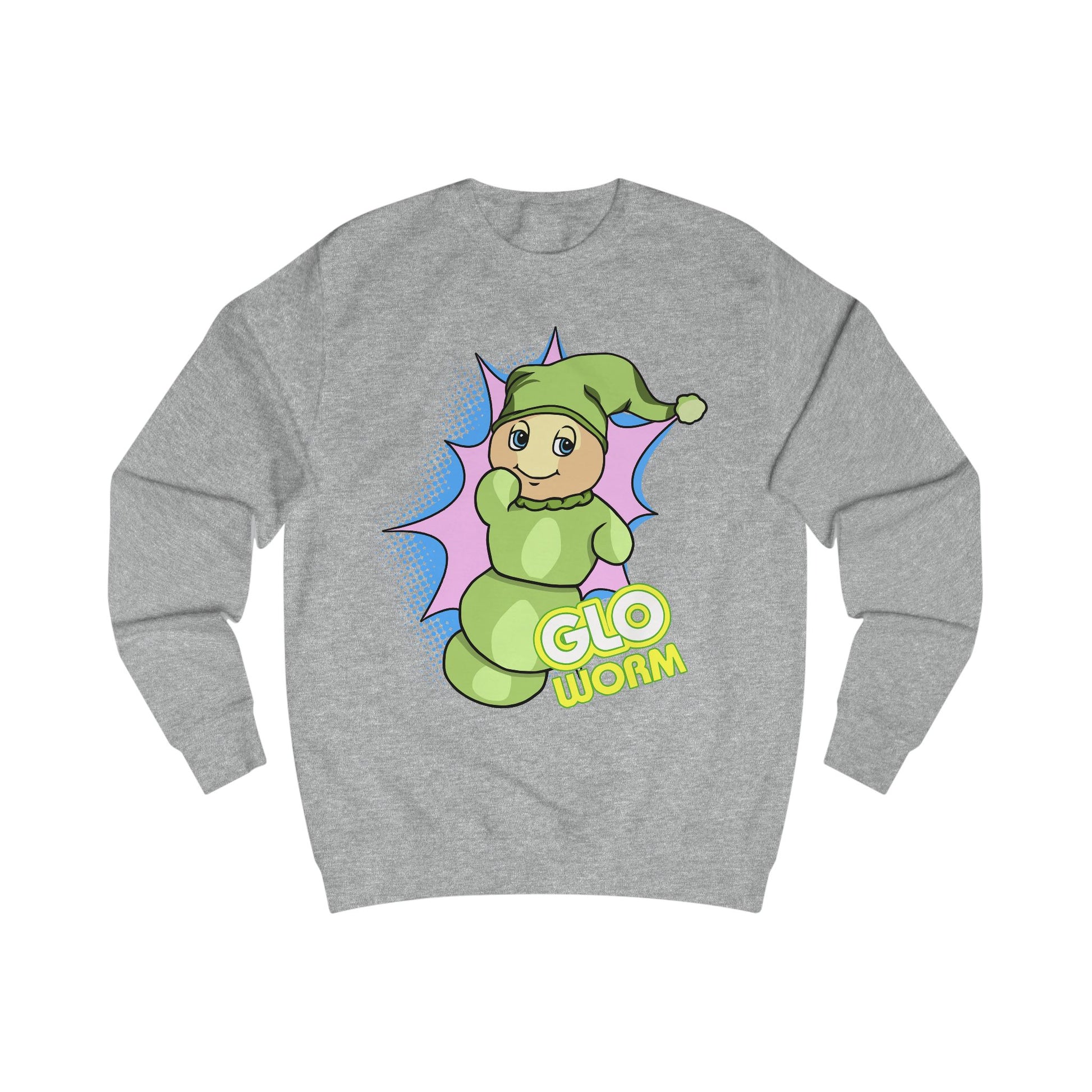 Gray sweatshirt with a cartoon green 'Glo Worm' character on a white background