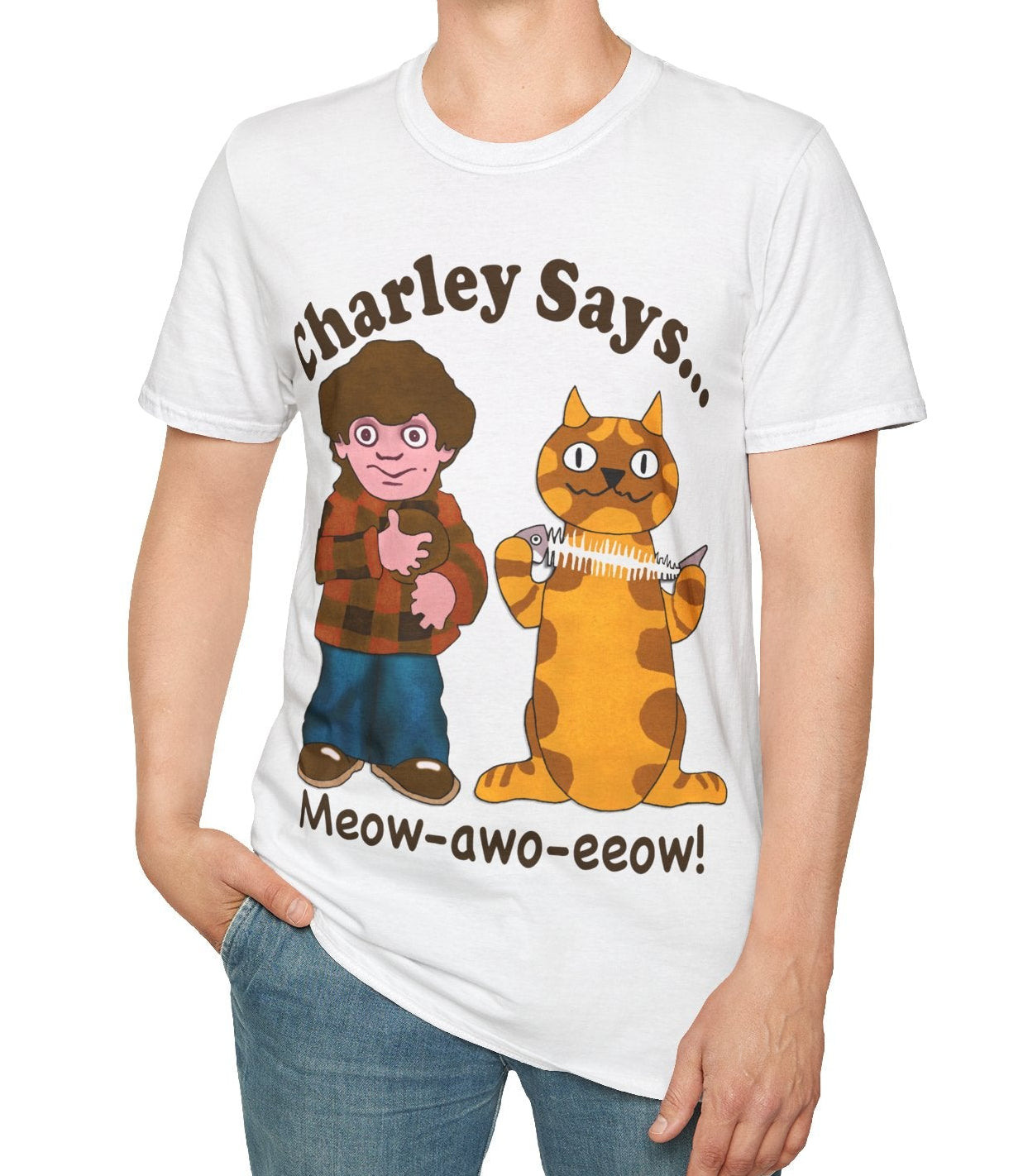 Person wearing a white t-shirt with Charley Says Meow design