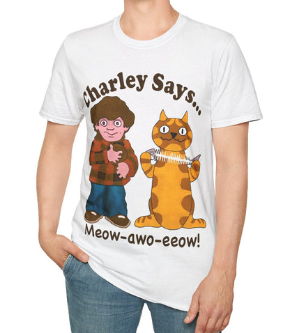 Person wearing a white t-shirt with Charley Says Meow design
