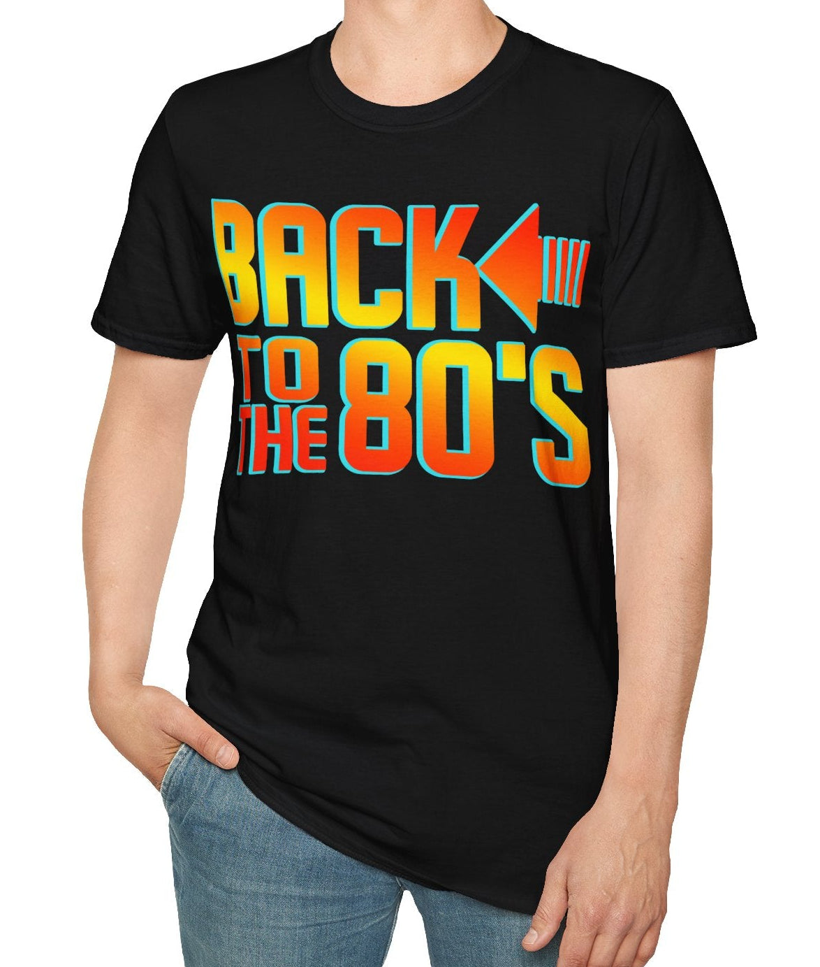 Person wearing a black t-shirt with 'Back to the 80's' text on a white background