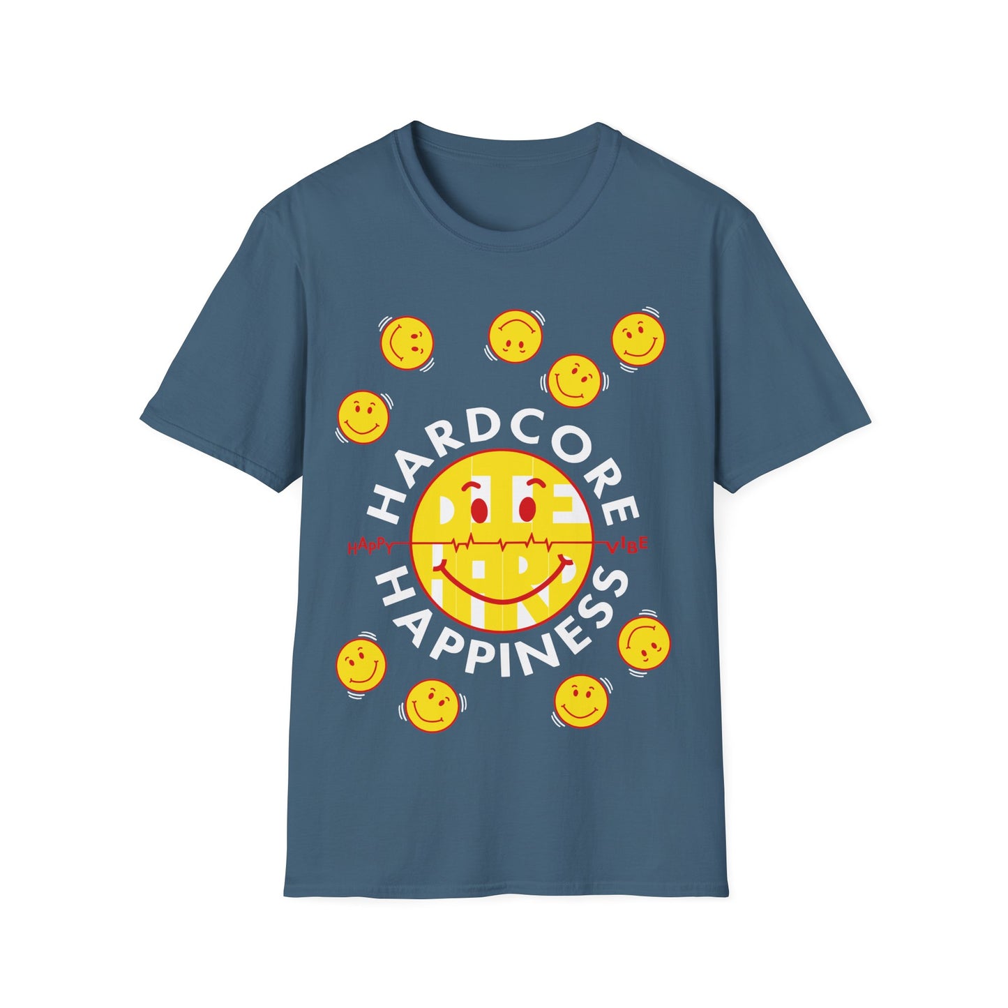 Indigo Blue t-shirt with yellow smiley faces and 'Hardcore Happiness' text on a white background
