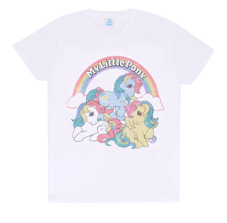 White t-shirt with 'My Little Pony' graphic featuring three ponies and a rainbow on a white background.