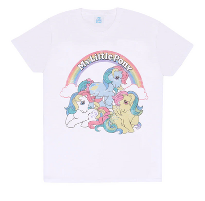 White t-shirt with 'My Little Pony' graphic featuring three ponies and a rainbow on a white background.