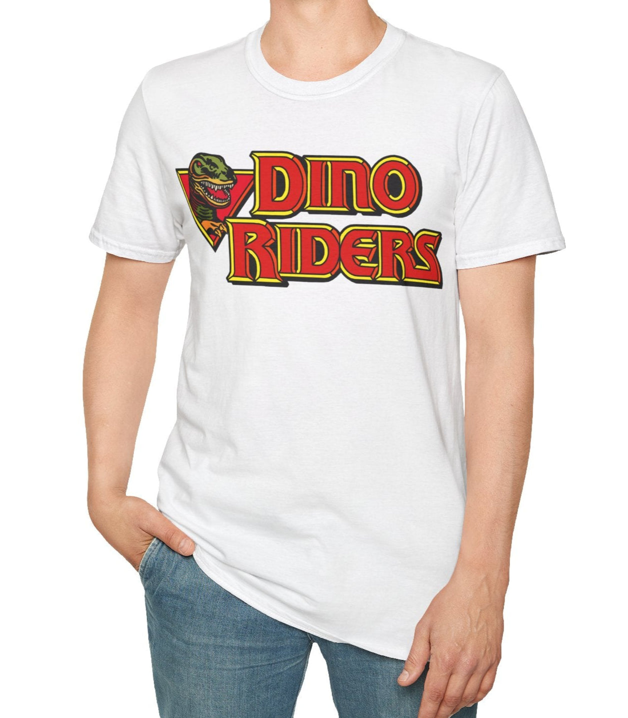 Person wearing a white t-shirt with 'Dino Riders' logo on a white background