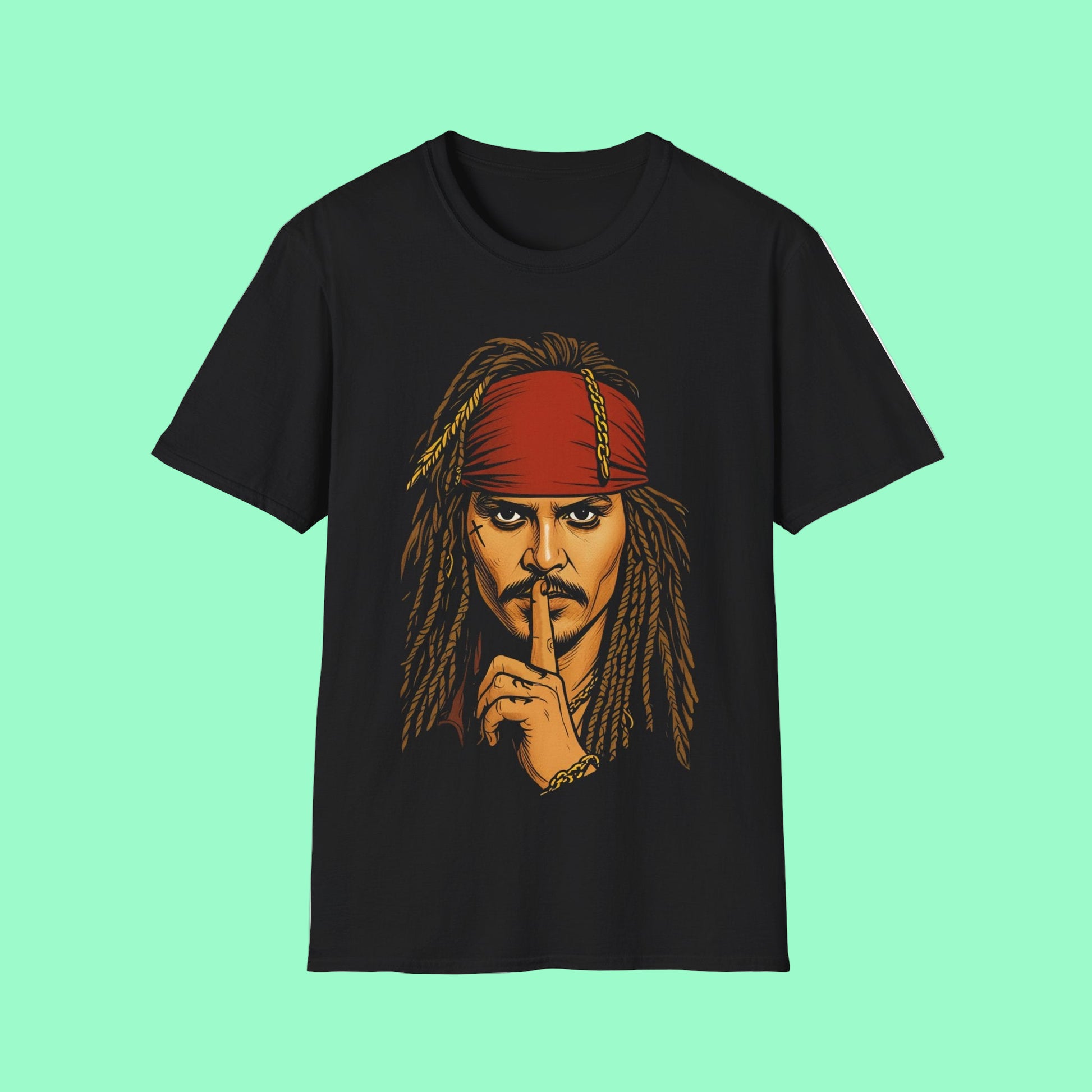 black t-shirt with captain Jack Sparrow graphic design on the front