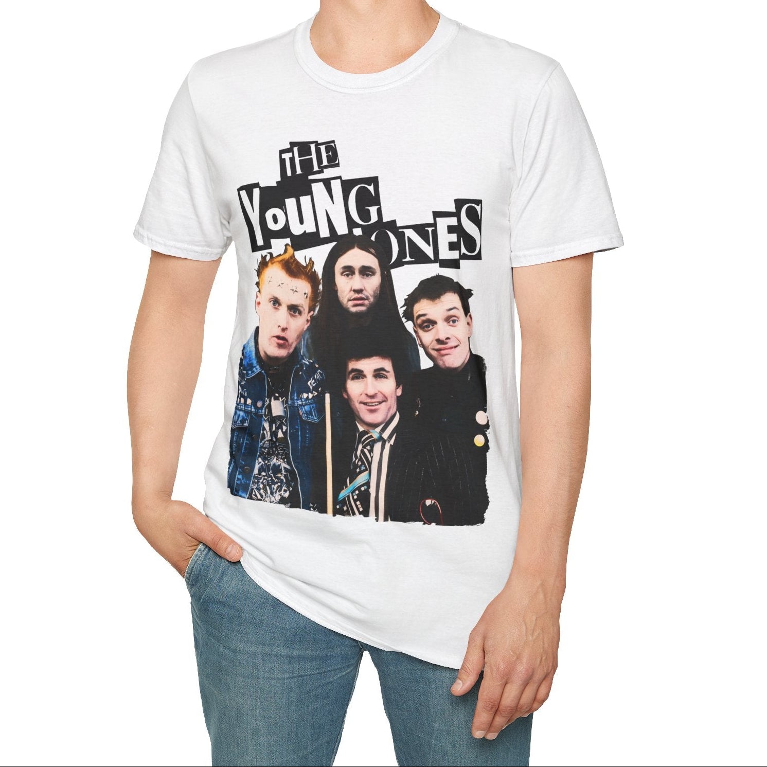 Person wearing a white t-shirt with 'The Young Ones' graphic design on a white background