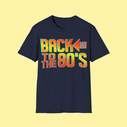 Navy blue t-shirt with 'Back to the 80's' text in colorful letters on a white background