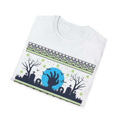 White t-shirt with a Halloween-themed design featuring a blue ghost, graves, and trees on a white background.