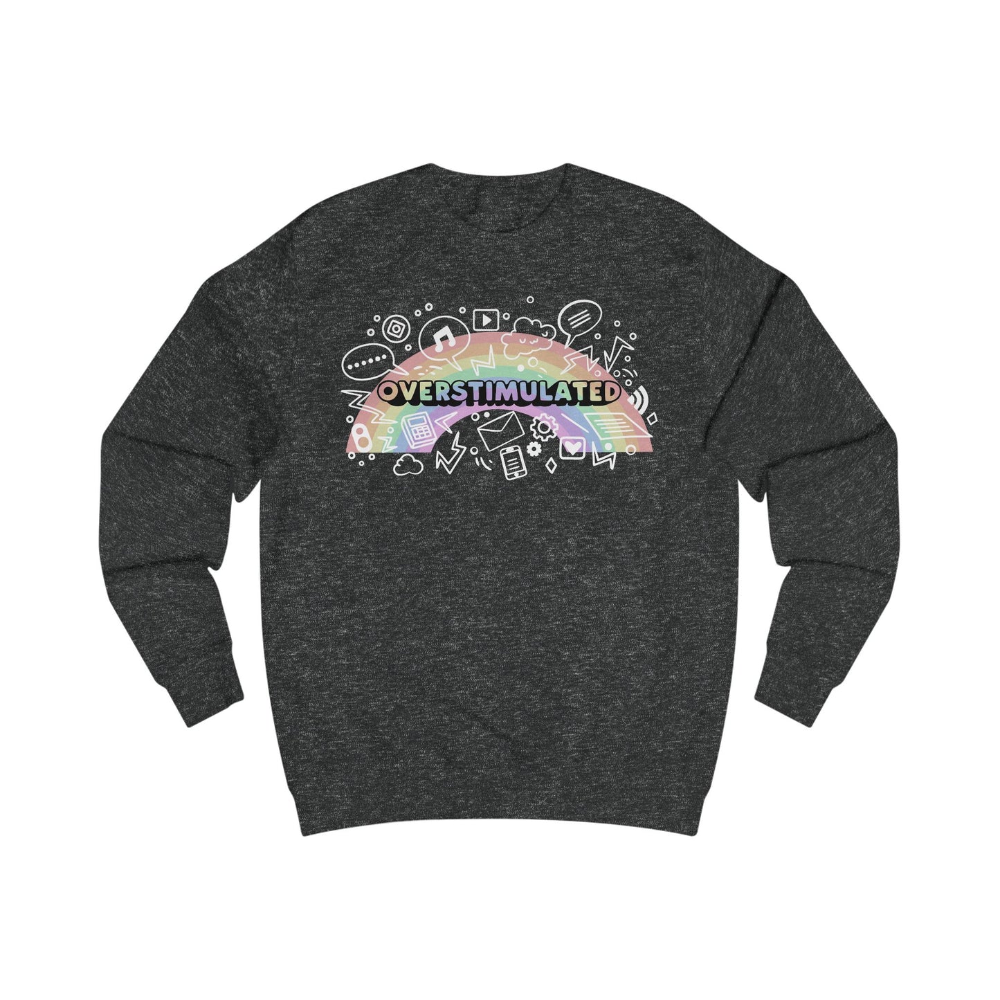 Dark gray sweatshirt with colorful 'OVERSTIMULATED' graphic design with rainbow background