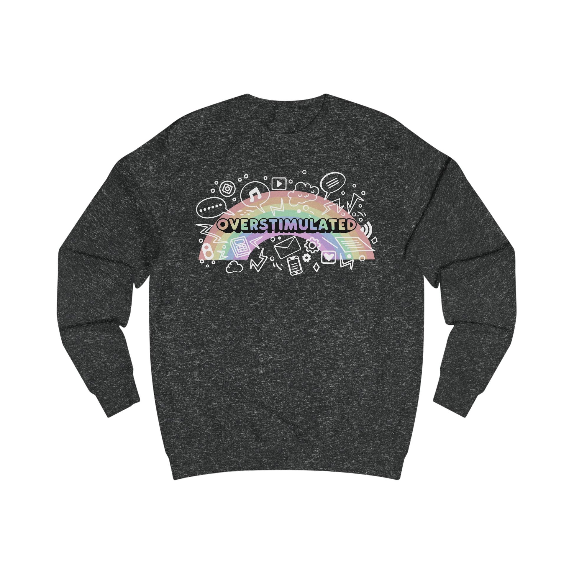 Dark gray sweatshirt with colorful 'OVERSTIMULATED' graphic design with rainbow background