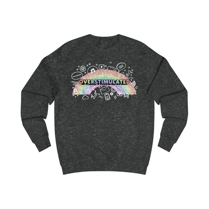 Dark gray sweatshirt with colorful 'OVERSTIMULATED' graphic design with rainbow background