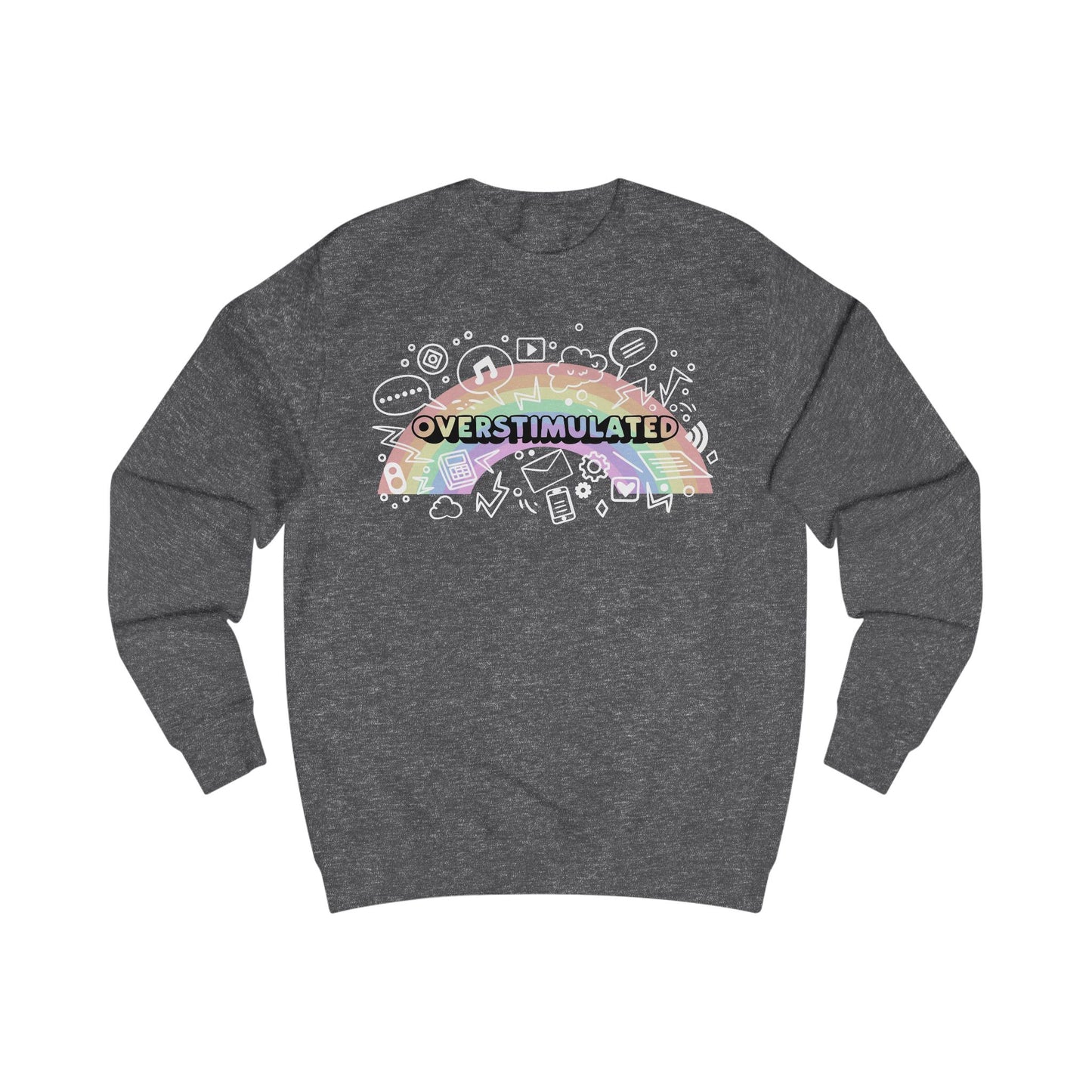 Gray sweatshirt with colorful 'OVERSTIMULATED' graphic design with rainbow background