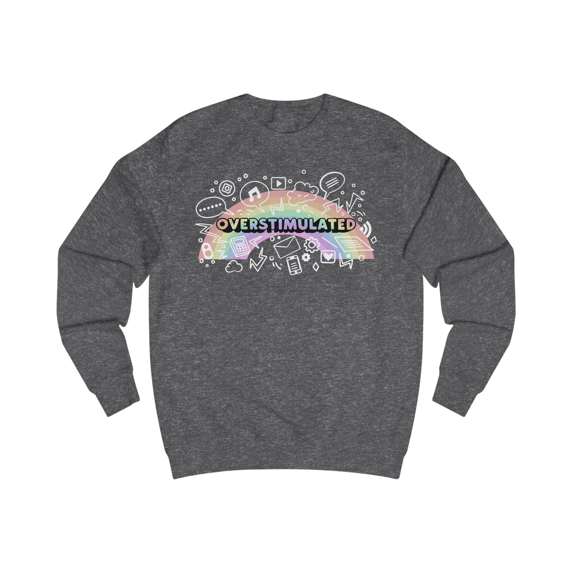 Gray sweatshirt with colorful 'OVERSTIMULATED' graphic design with rainbow background