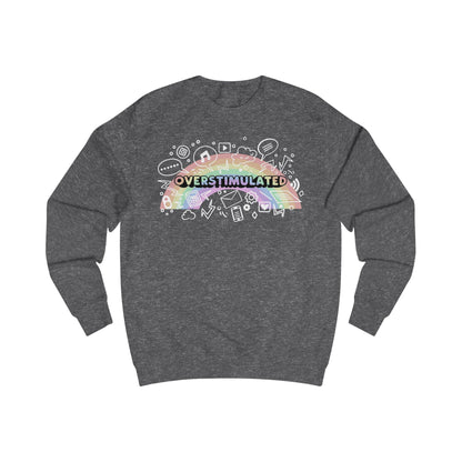 Gray sweatshirt with colorful 'OVERSTIMULATED' graphic design with rainbow background